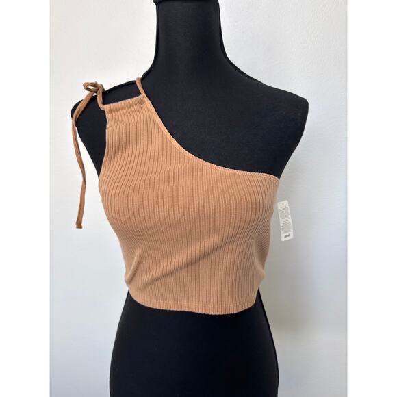 Aerie One Shoulder Asymmetric Fitted Ribbed Crop Top Tan Women's Size M NWT - Picture 1 of 7